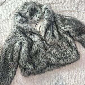 The Ragged Priest Snow Leopard Julia Faux Fur Coat hooded Black White Large new